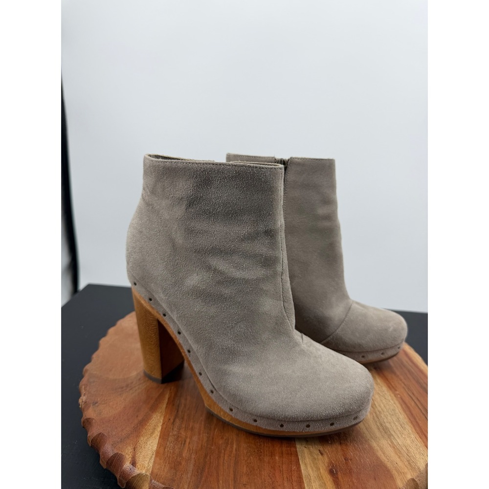 Joie Suede Clog Ankle Boots Women 37.5 Taupe Wooden Block Heel Studded Bohemian